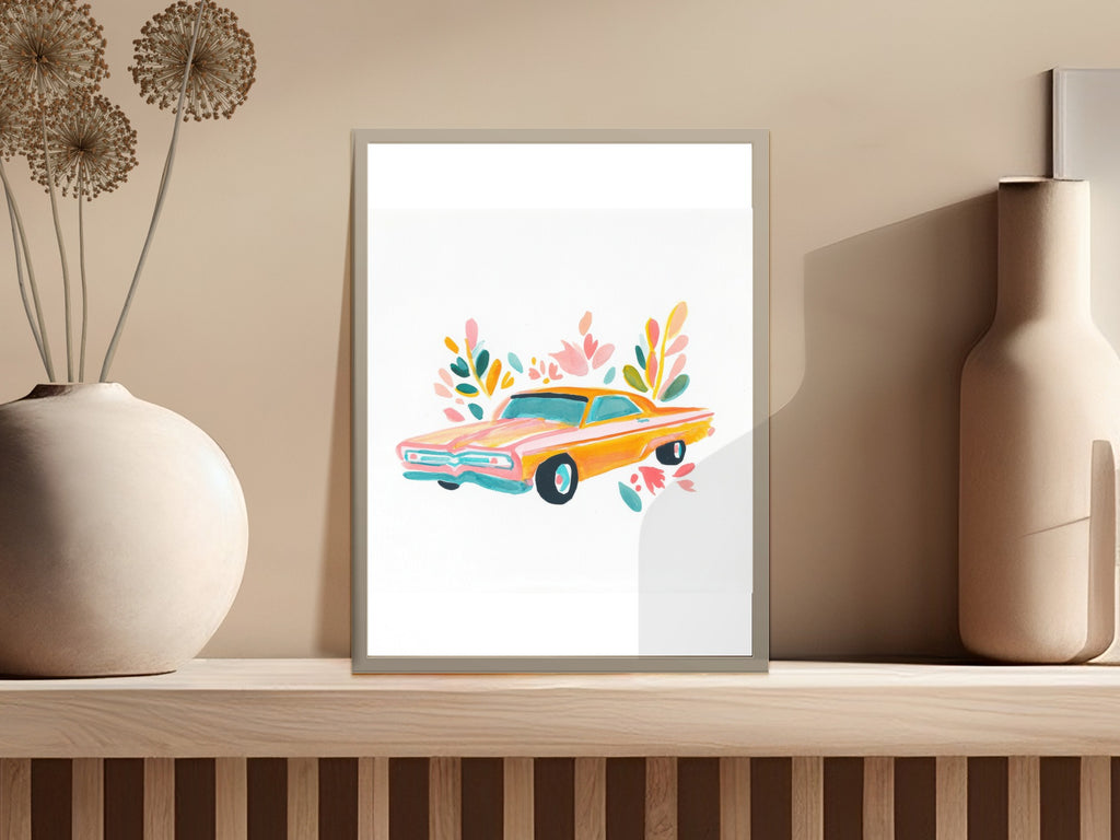 Watercolor painting of a vintage orange car with colorful floral accents.