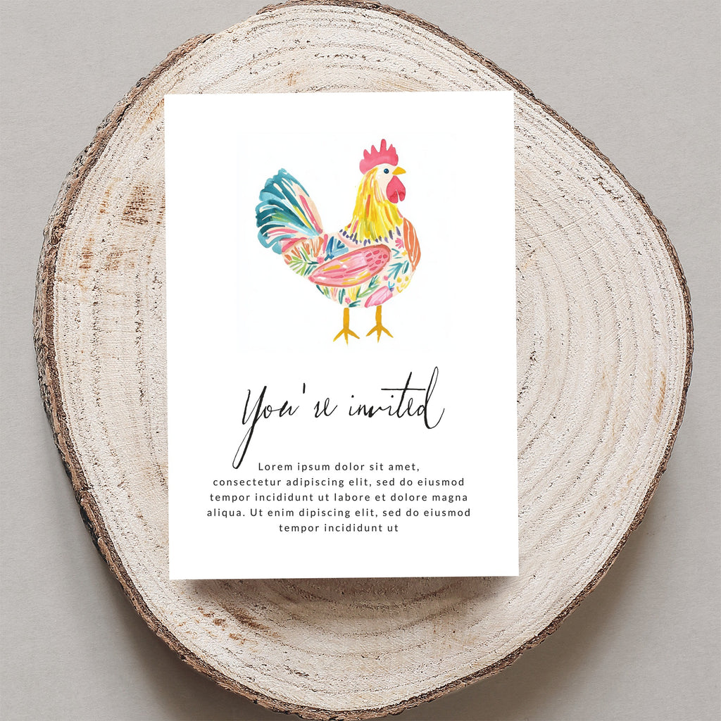 Watercolor rooster invitation on wood slice, "You're invited" text above placeholder copy.