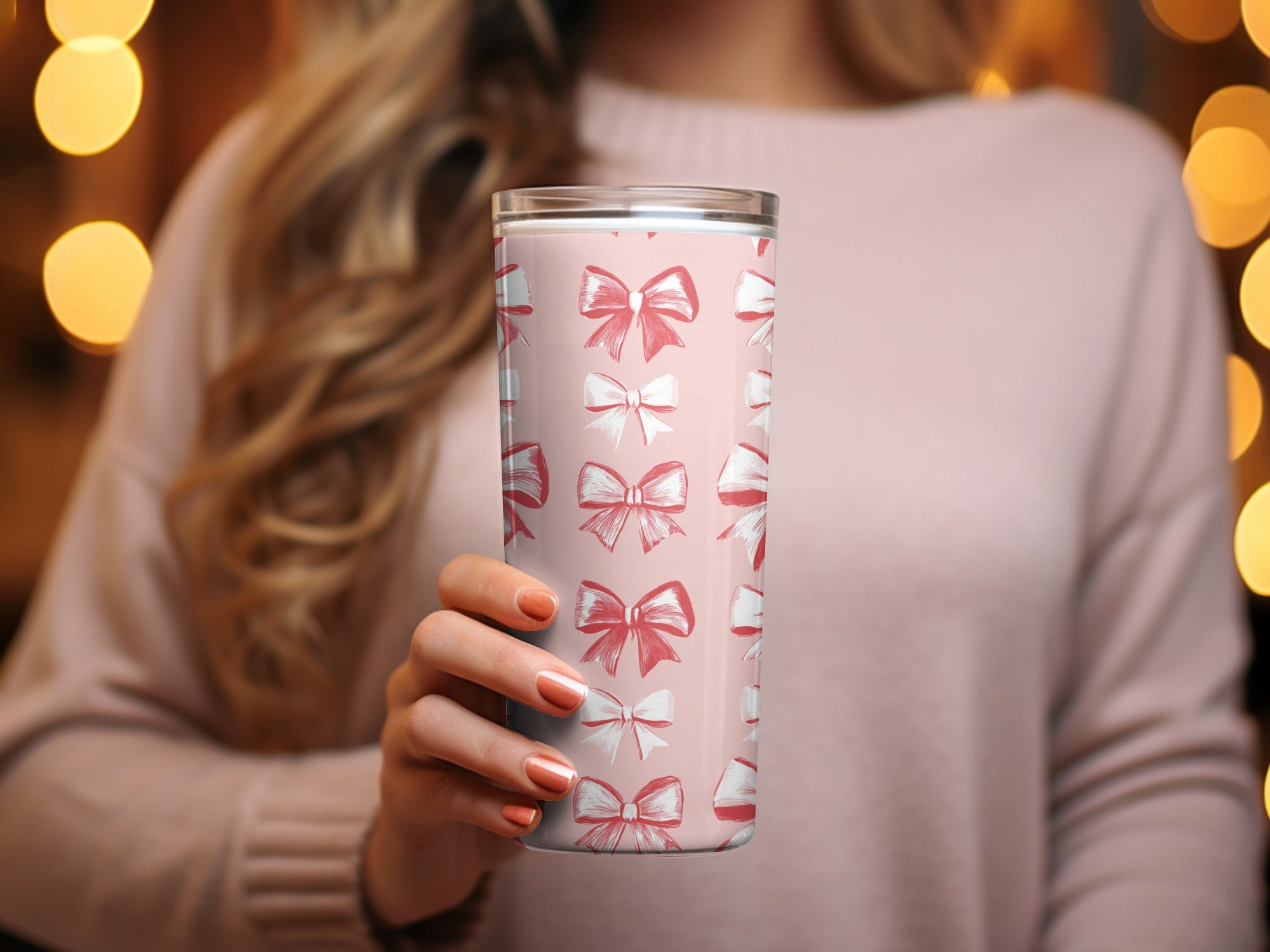 Pink Tumbler Cup with Red and White Bow Designs