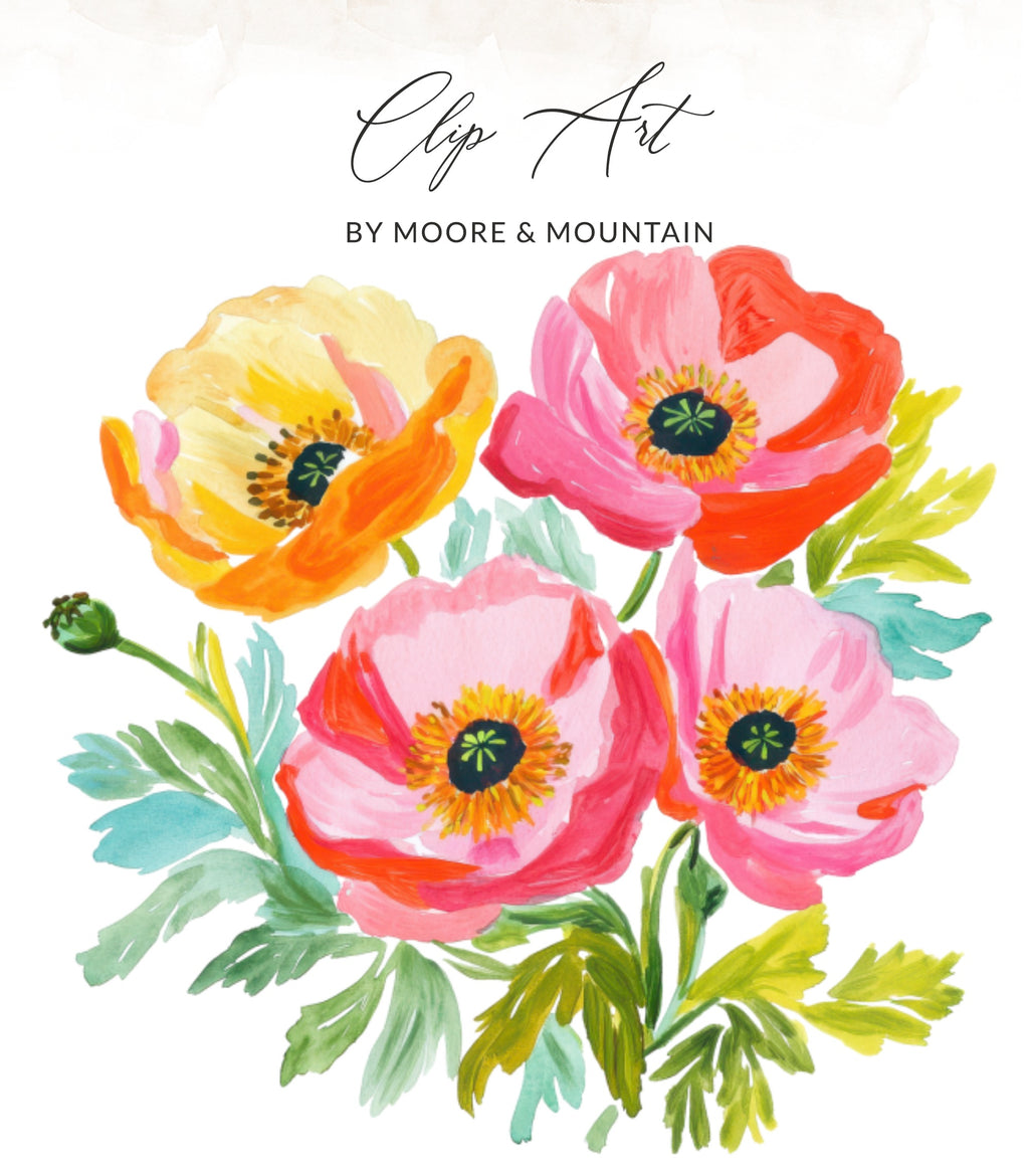 Watercolor poppies in pink, orange, and yellow with green leaves.