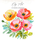 Watercolor poppies in pink, orange, and yellow with green leaves.