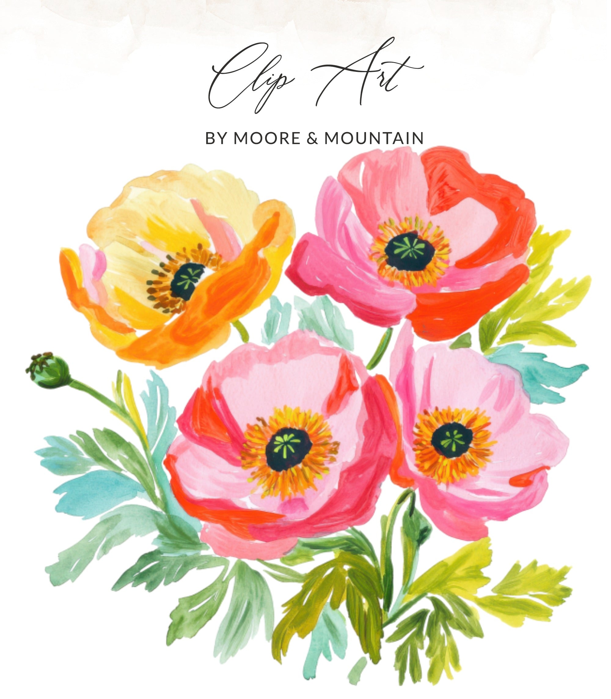Watercolor poppies in pink, orange, and yellow with green leaves.