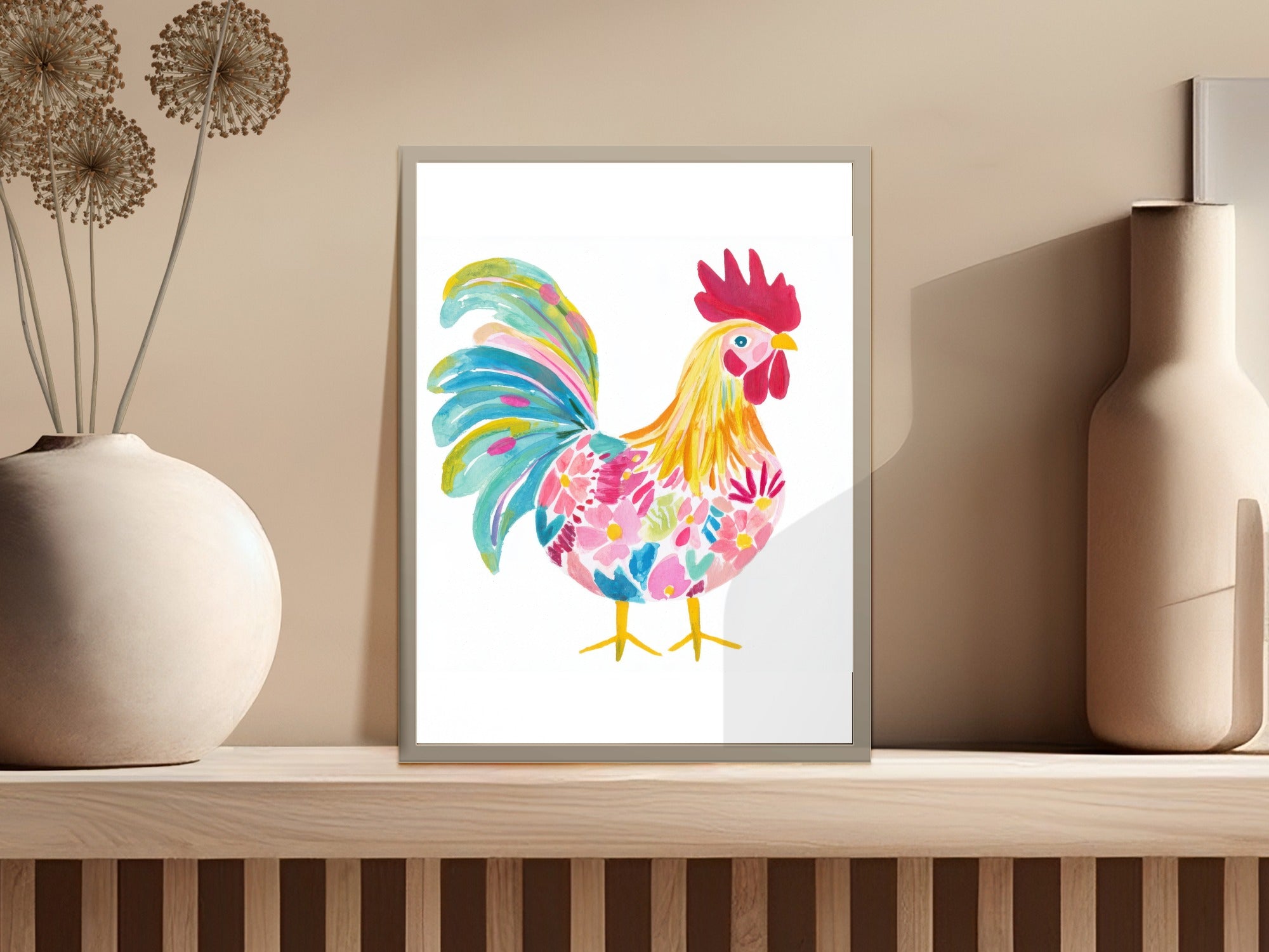 Watercolor rooster illustration with colorful floral patterns in a white frame.