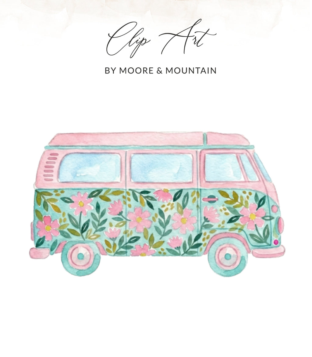 Watercolor illustration of a pink and blue camper van with floral pattern.