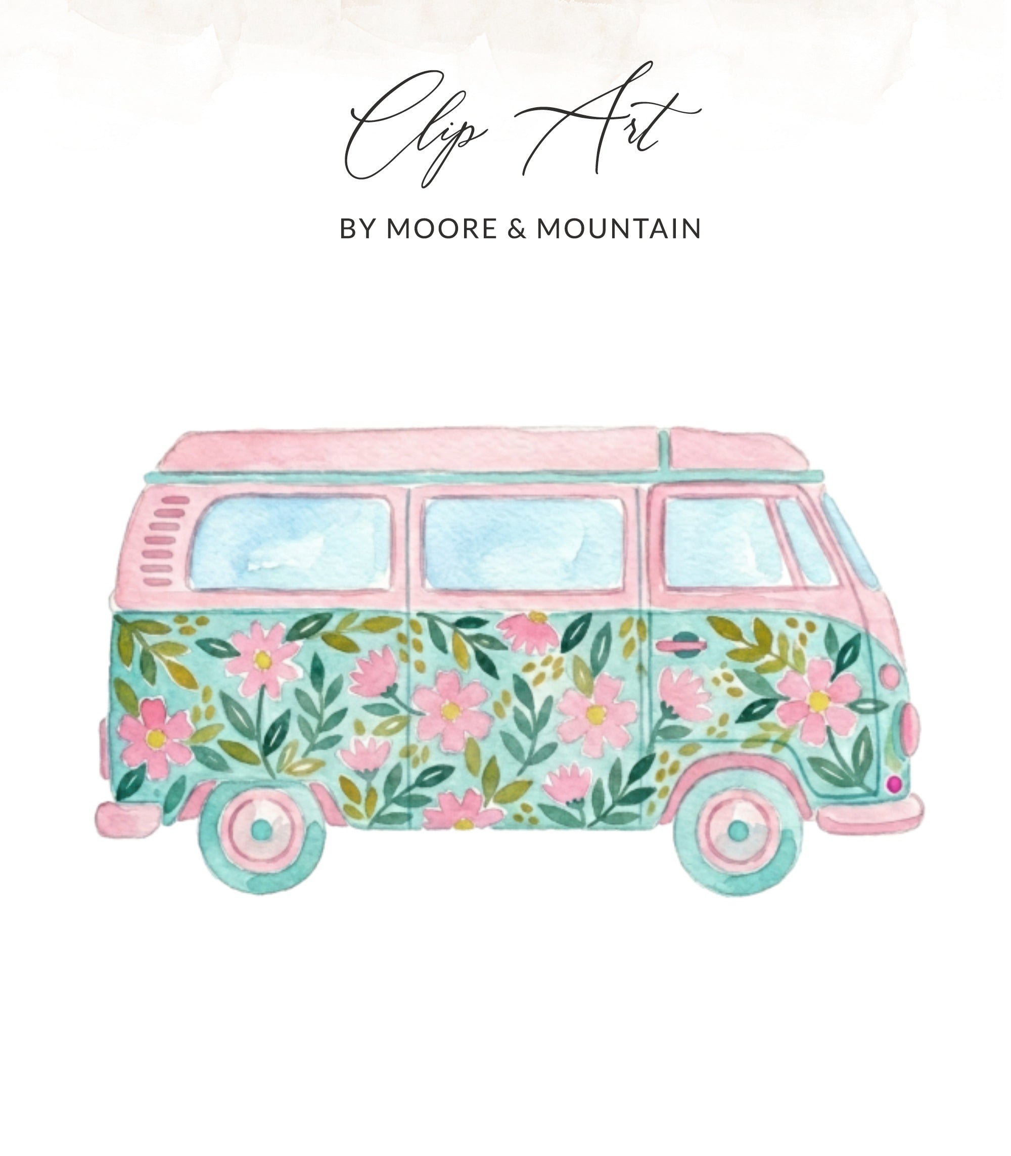Watercolor illustration of a pink and blue camper van with floral pattern.