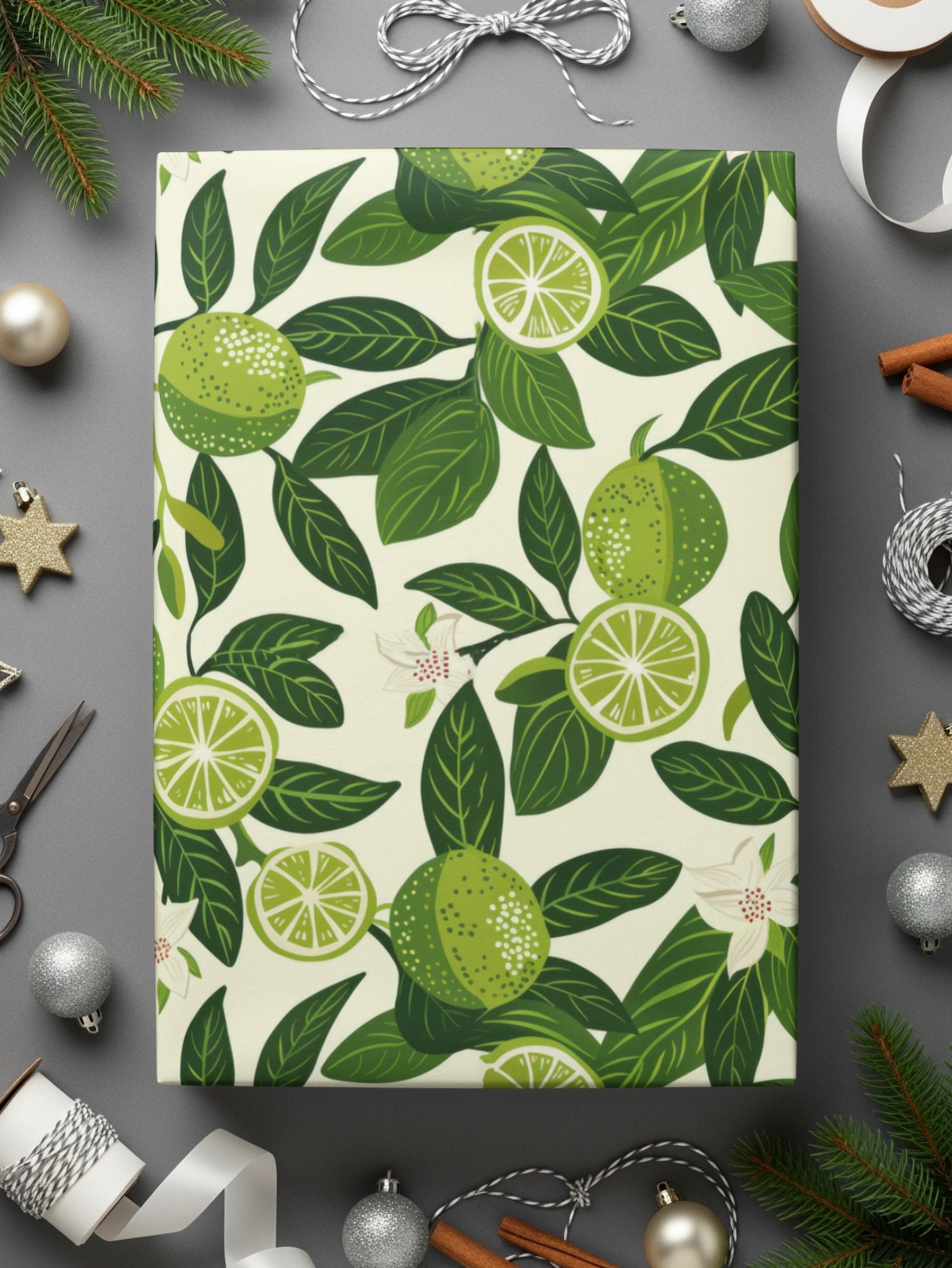Festive Lime and Leaf Patterned Wrapping Paper