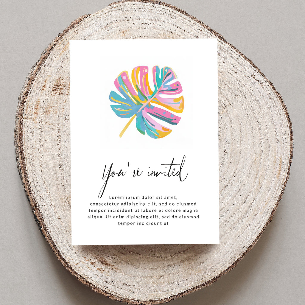 Invitation card with "You're invited" text and a colorful monstera leaf.