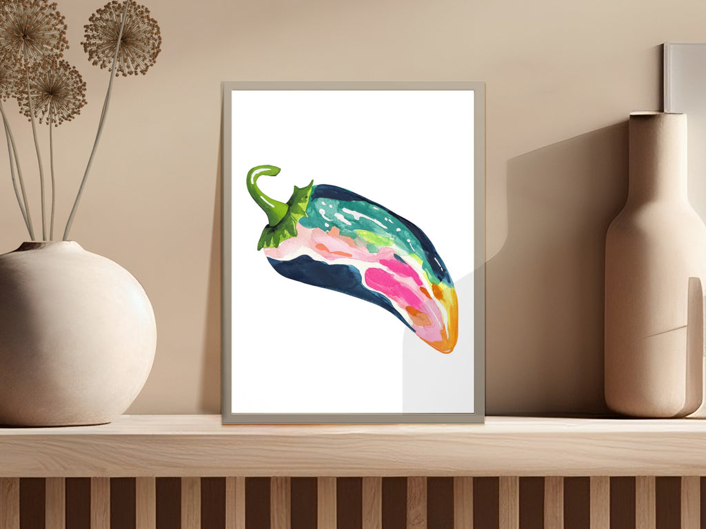 Abstract watercolor of a colorful pepper on a shelf.