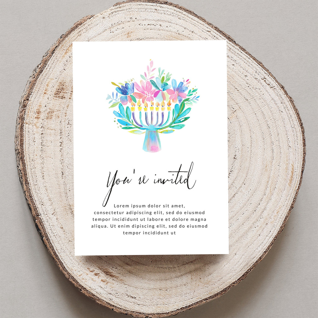 Watercolor menorah with "You're invited" text on rustic wood.
