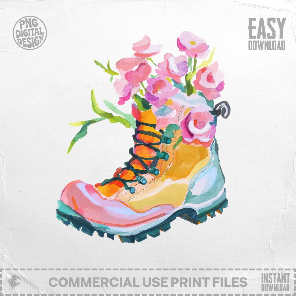 Watercolor painting of a hiking boot overflowing with pink flowers.