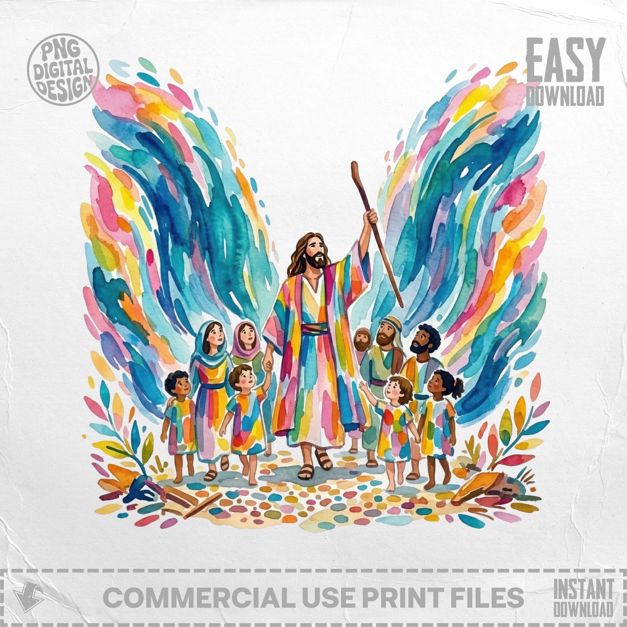 Jesus with children walking through colorful abstract waves, "Easy Download" text.