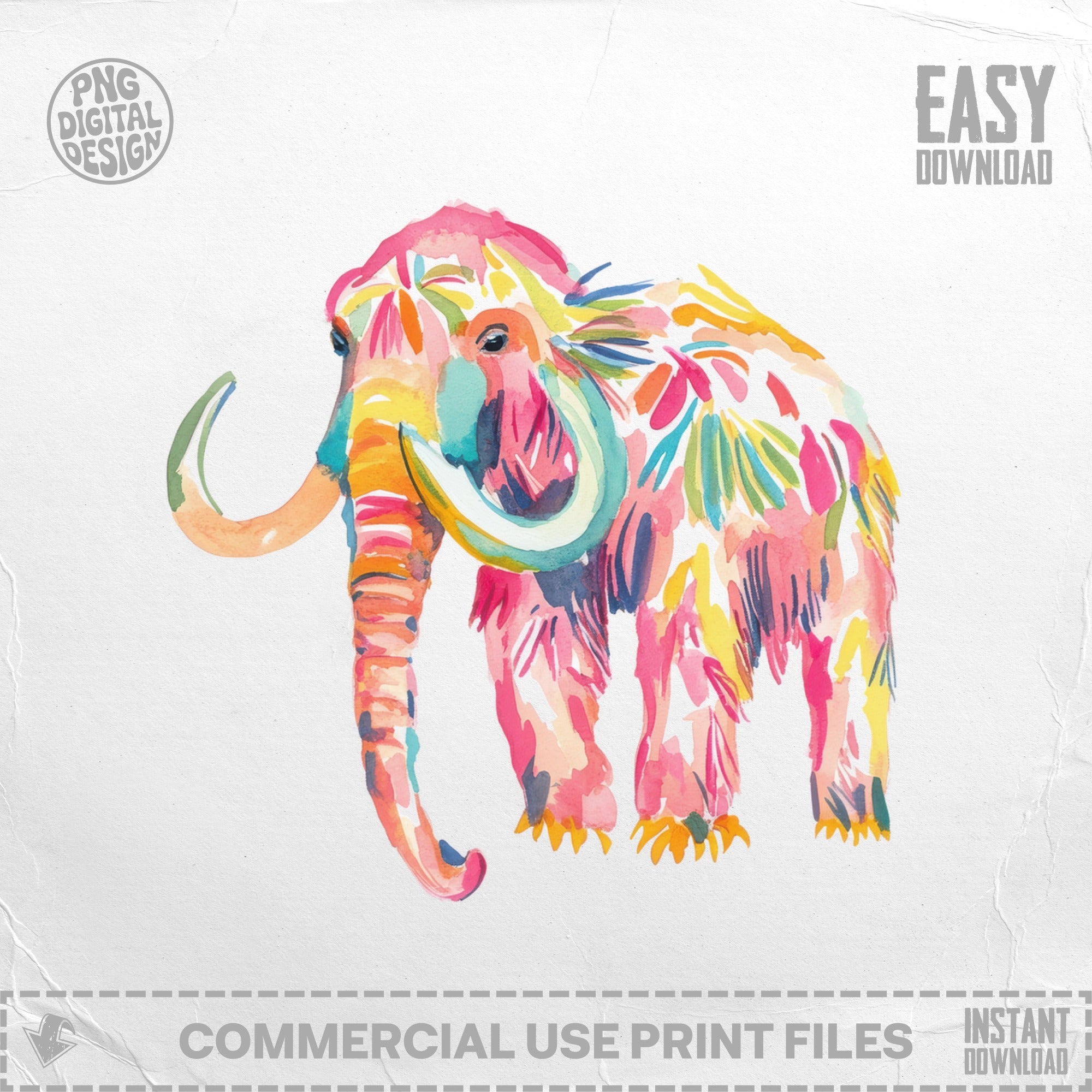 Colorful watercolor mammoth with abstract splashes of pink, yellow, and blue.