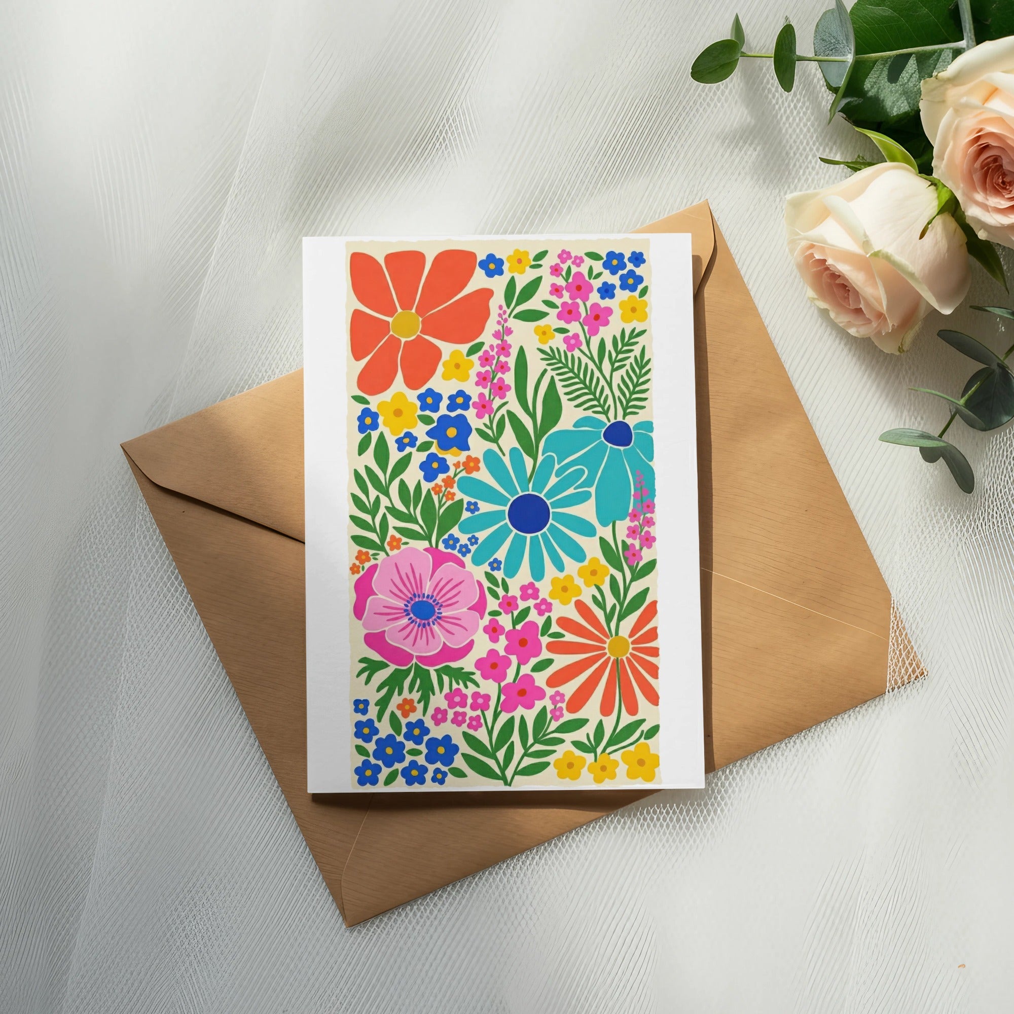 Greeting card with colorful floral illustration on a brown envelope.