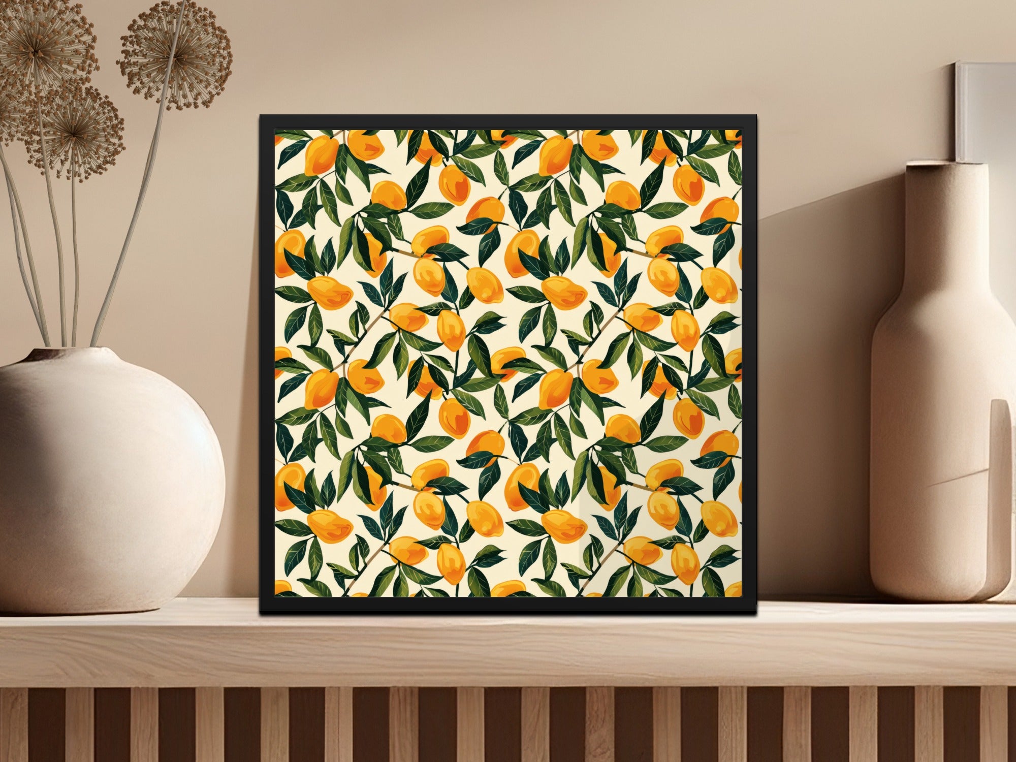 Vibrant Orange Fruit and Leaf Pattern Art Print Decor