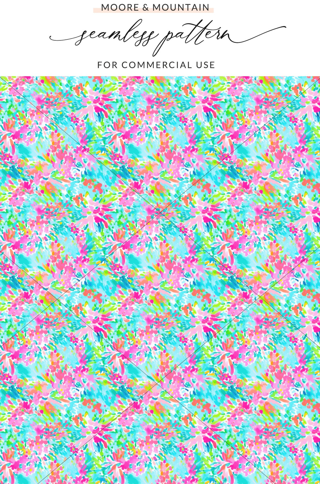 Pink, blue, and green abstract floral watercolor pattern with "Moore & Mountain" text.