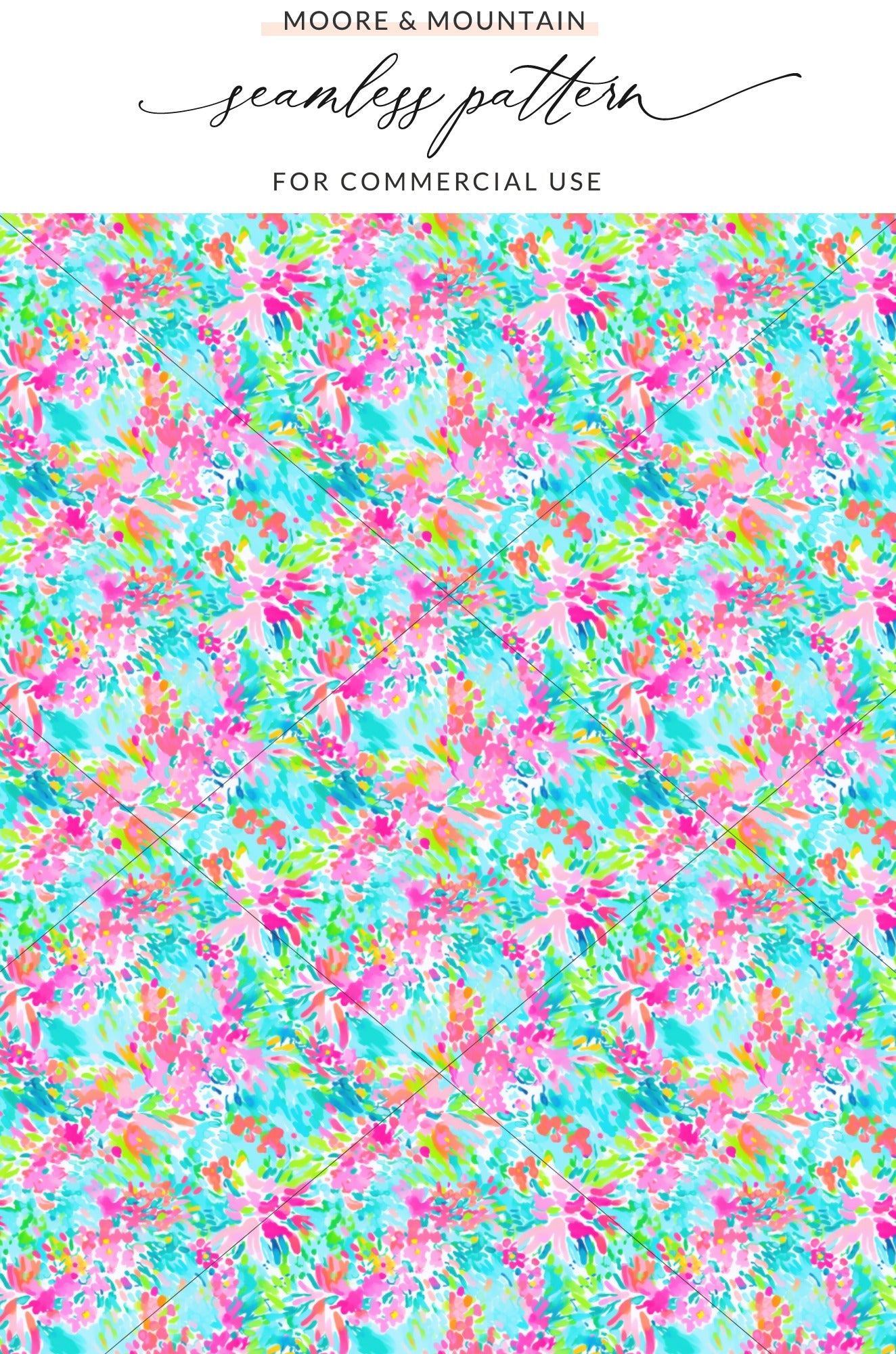 Pink, blue, and green abstract floral watercolor pattern with "Moore & Mountain" text.