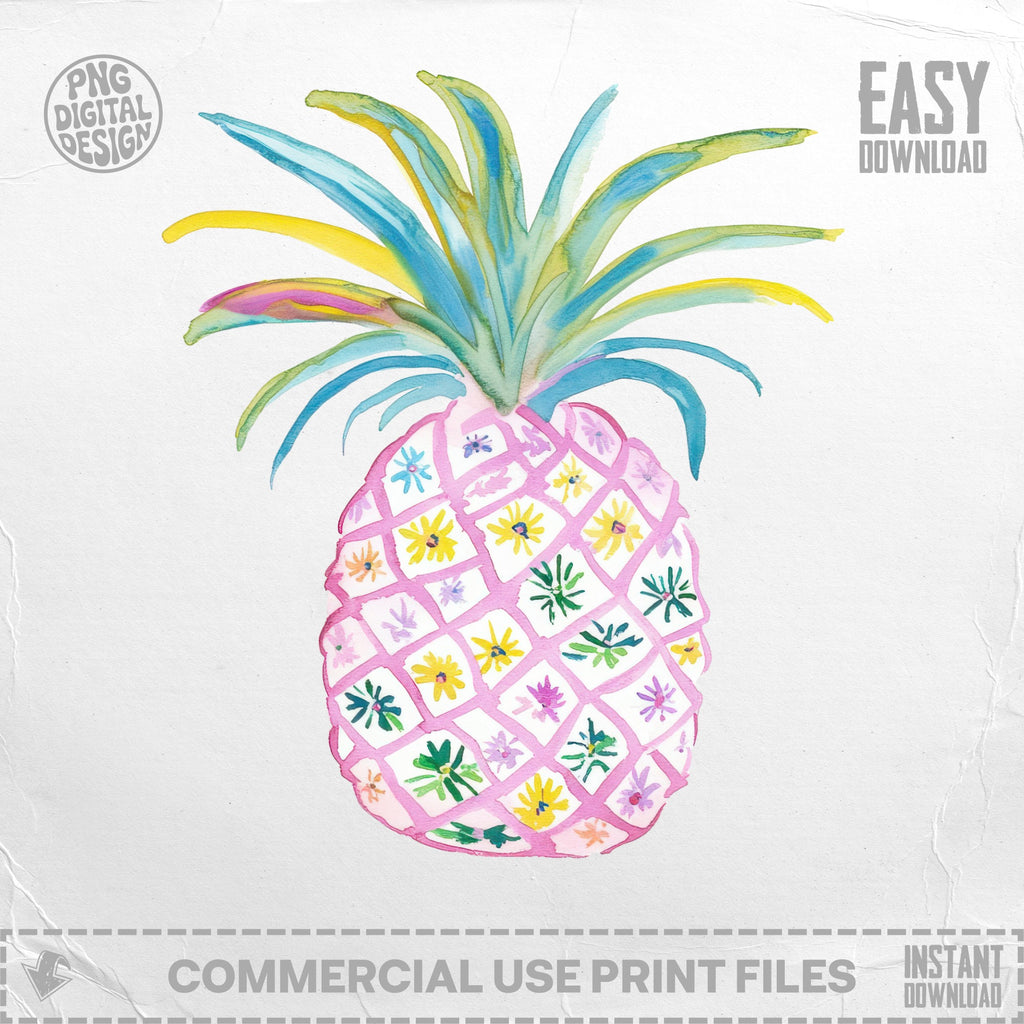 Pink pineapple with floral pattern, watercolor style, with "Easy Download" text.
