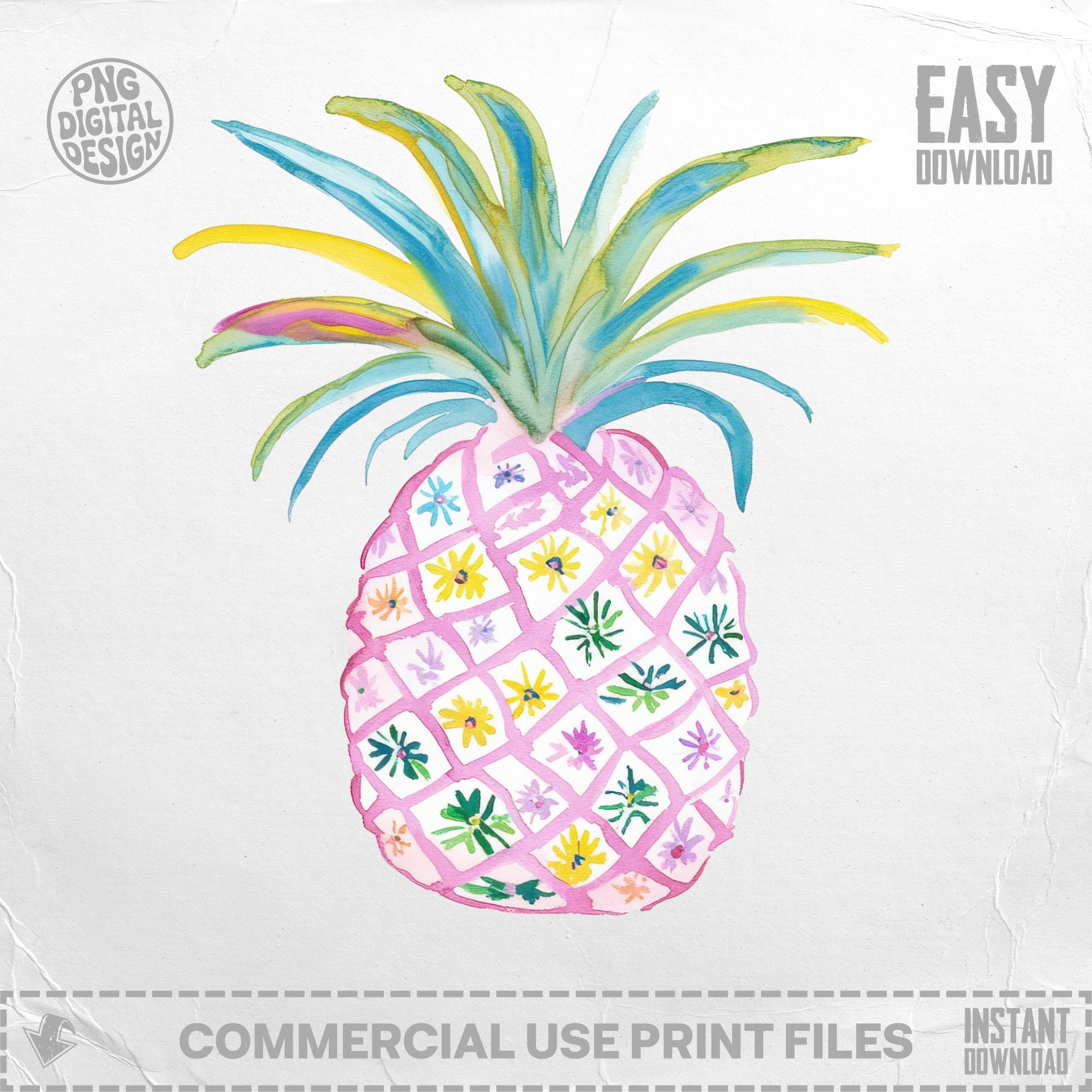 Pink pineapple with floral pattern, watercolor style, with "Easy Download" text.