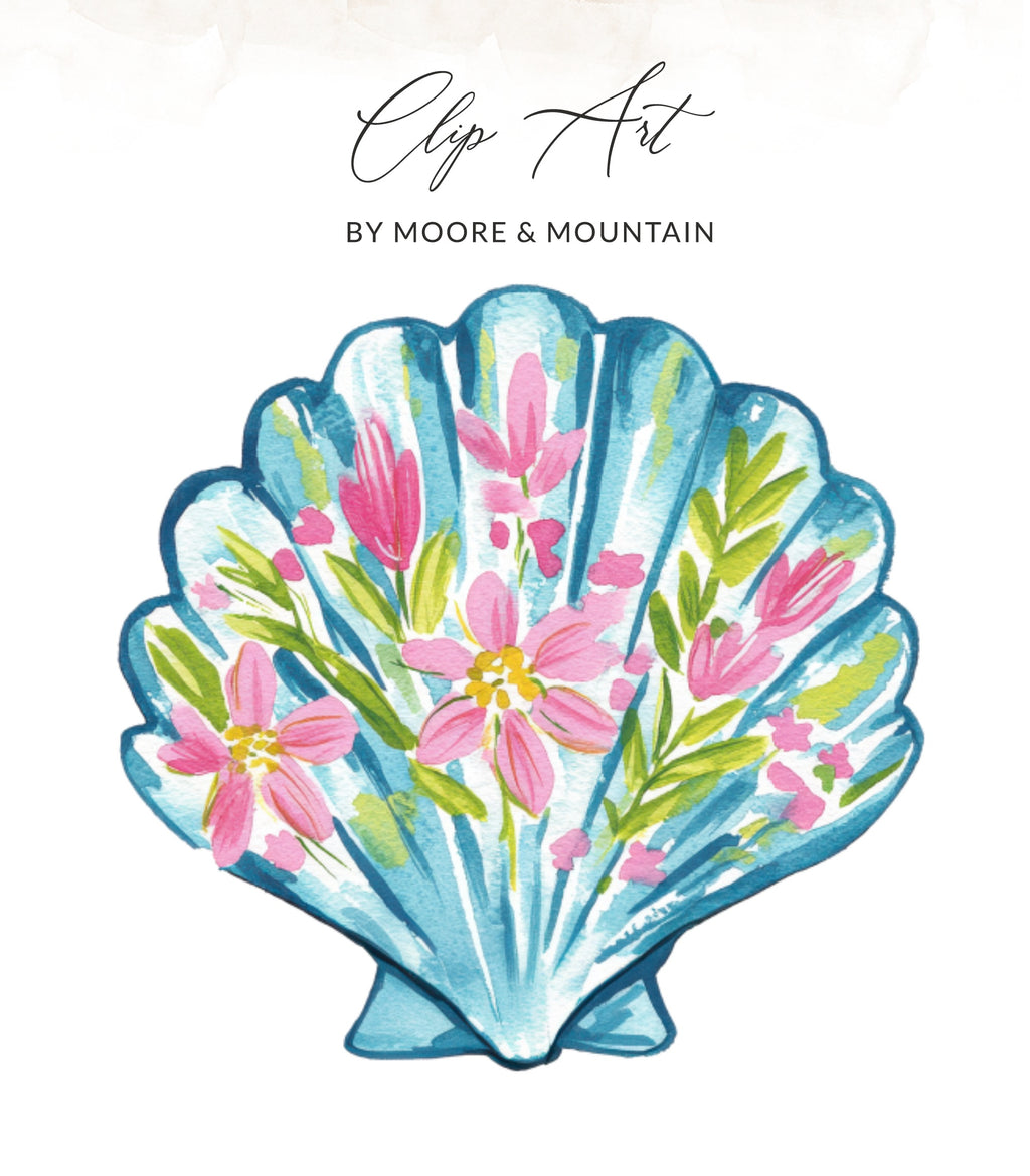 Blue seashell with pink flowers and green leaves, "Clip Art" text.