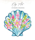 Blue seashell with pink flowers and green leaves, "Clip Art" text.