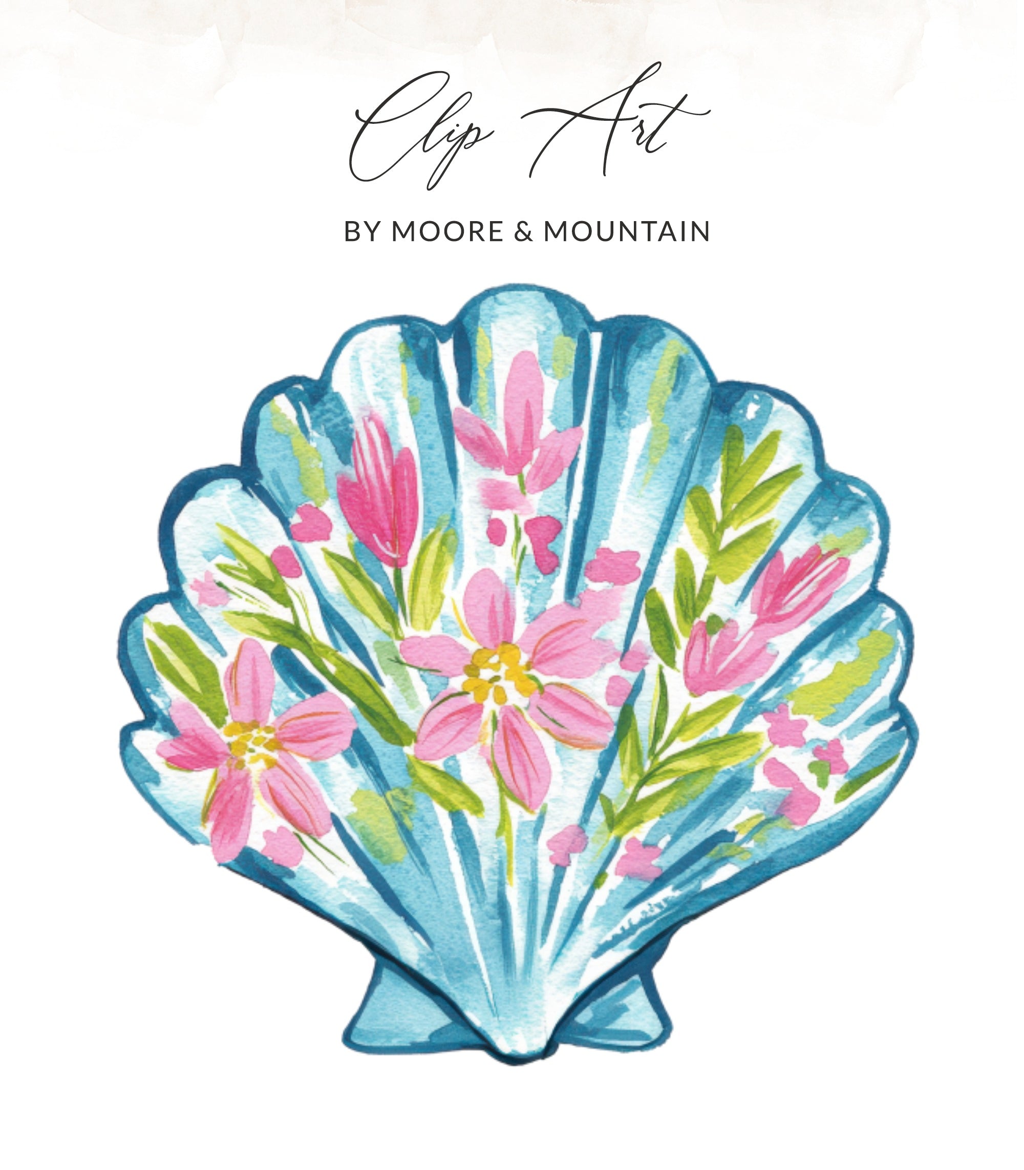 Blue seashell with pink flowers and green leaves, "Clip Art" text.