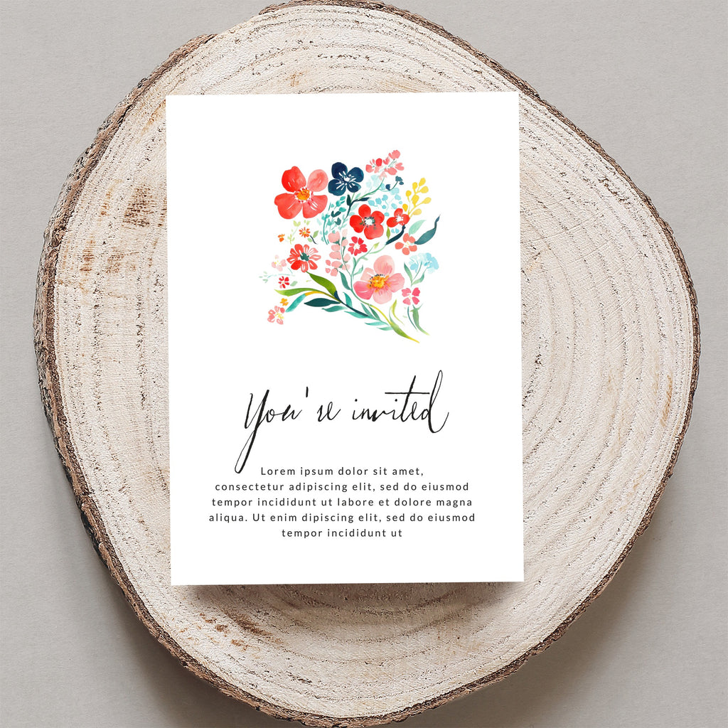 Invitation card with floral design and "You're invited" text.