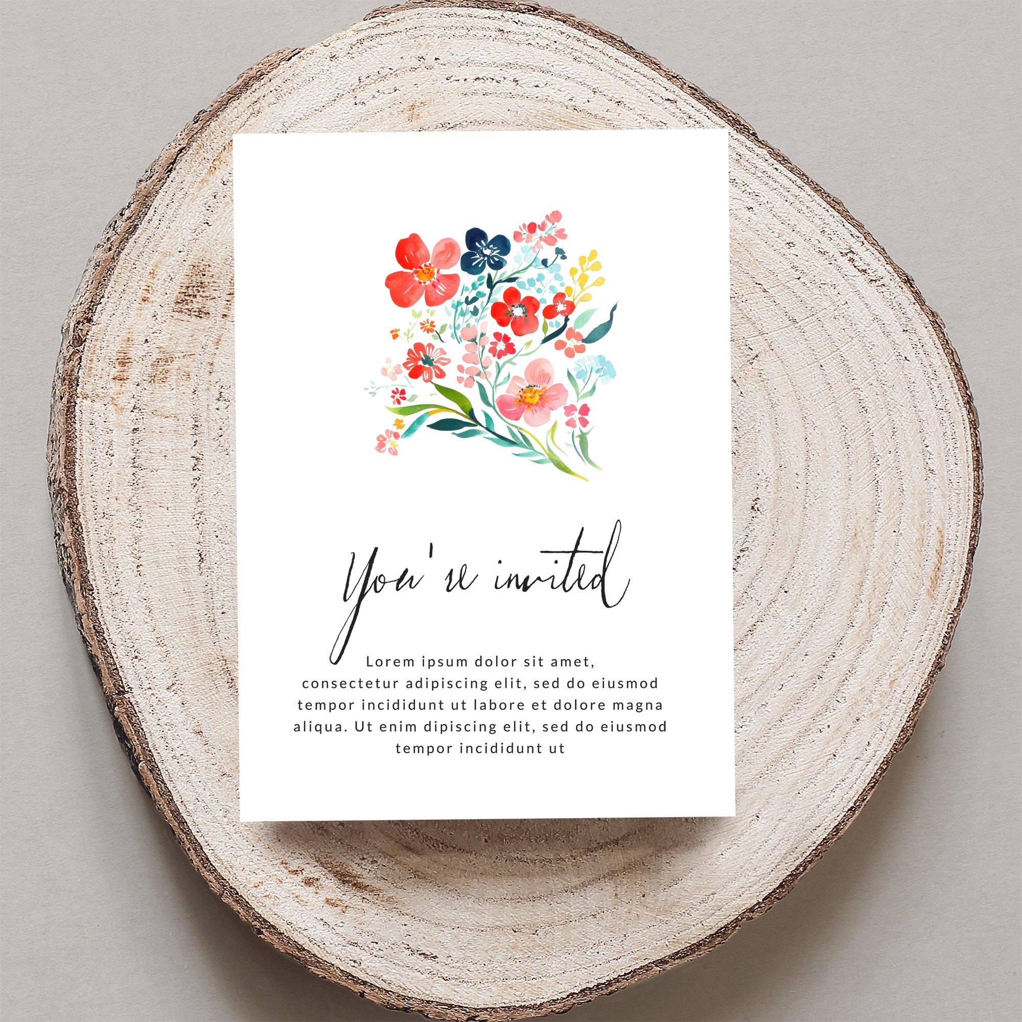Invitation card with floral design and "You're invited" text.