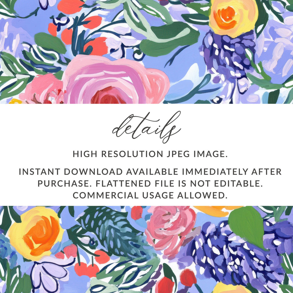 Fine Art Floral Seamless Pattern, Blue Pink Orange, Digital Paper, Gouache Floral Print, Fabric Design, Scrapbooking Paper