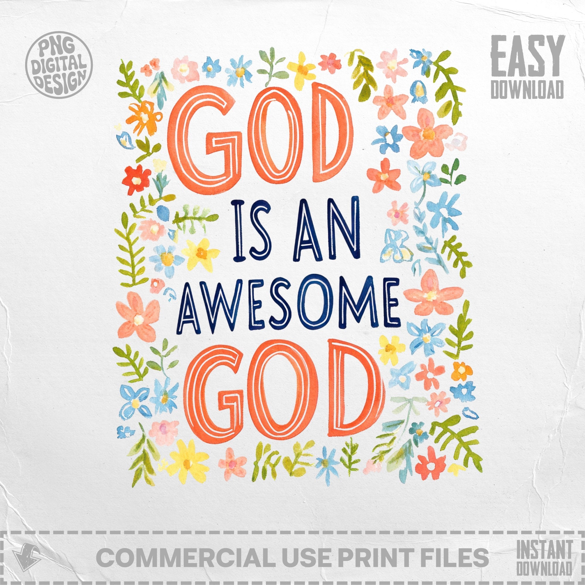 "God is an awesome God" text with floral accents and download information.