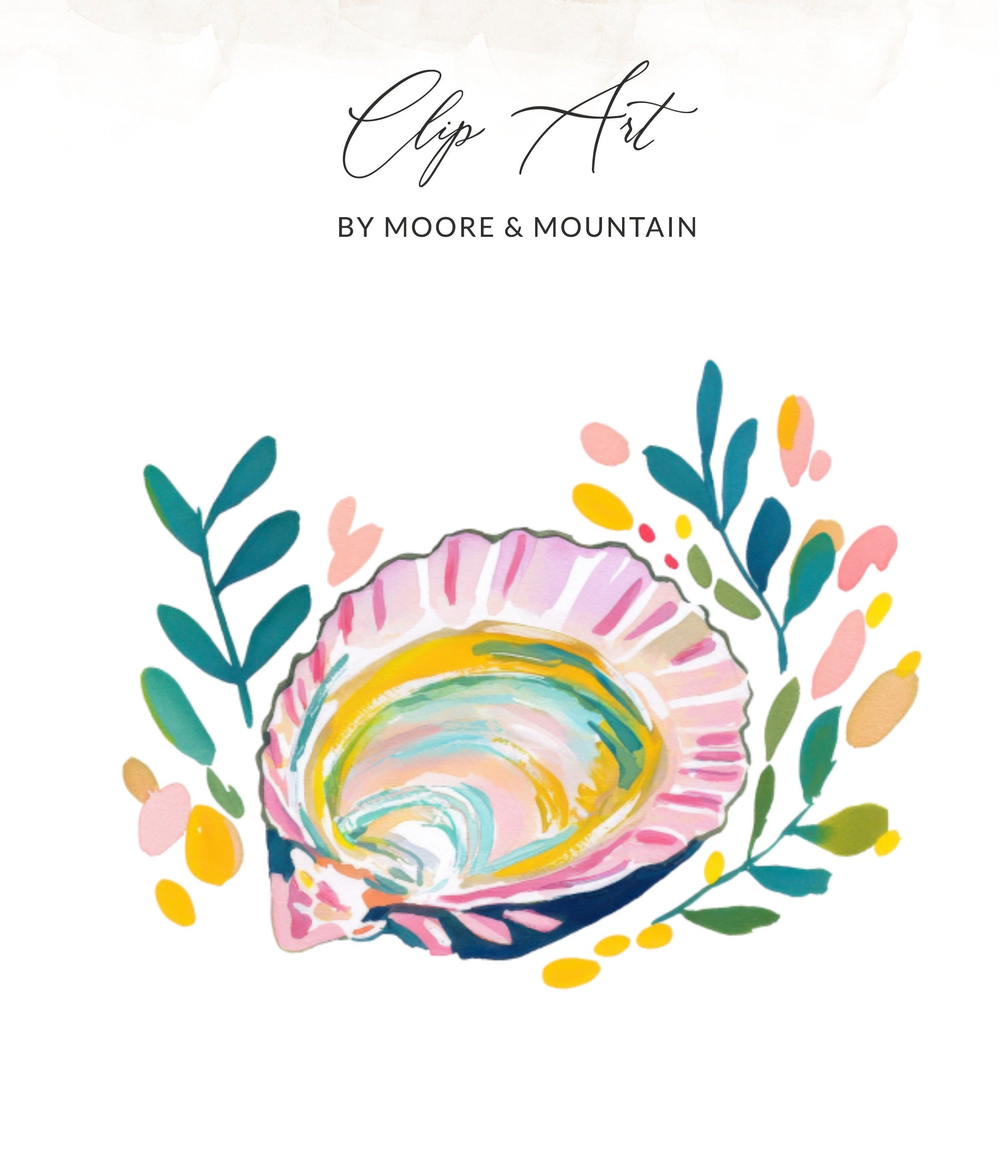 Pink and yellow scallop shell with colorful watercolor leaves.