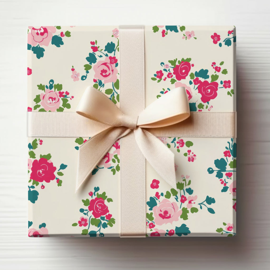 Floral Gift Wrap with Light Pink Ribbon for Presents