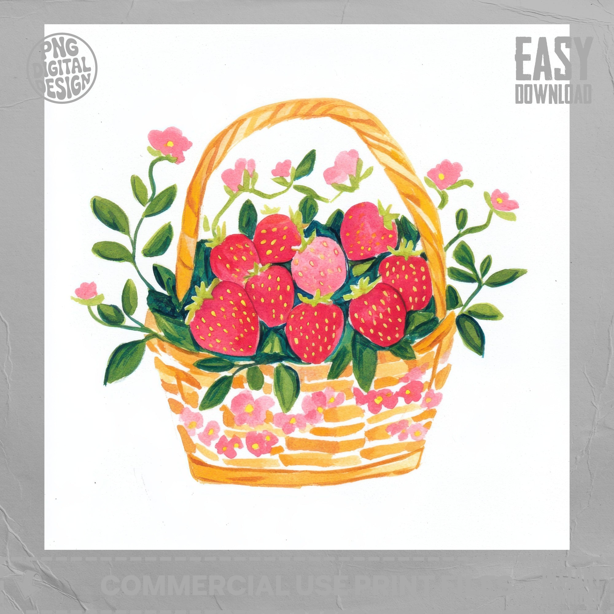 Strawberries and pink flowers overflowing a woven basket with a "EASY DOWNLOAD" watermark.