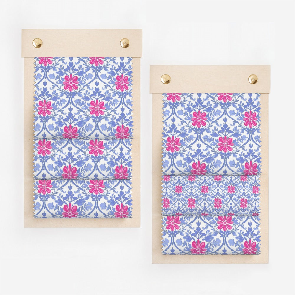 Two fabric swatch displays with a pink floral pattern on blue.