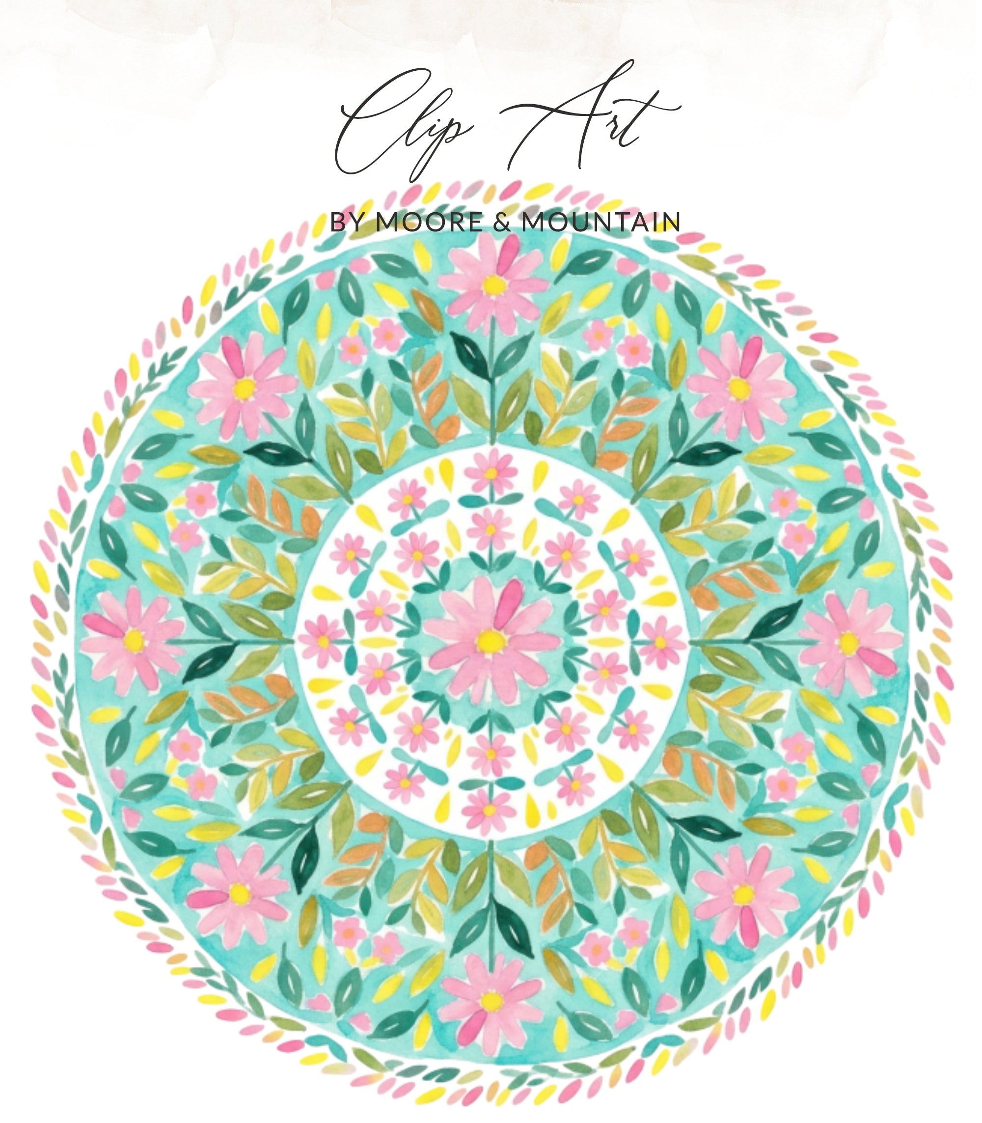 Watercolor floral mandala with text "Clip Art by Moore & Mountain".