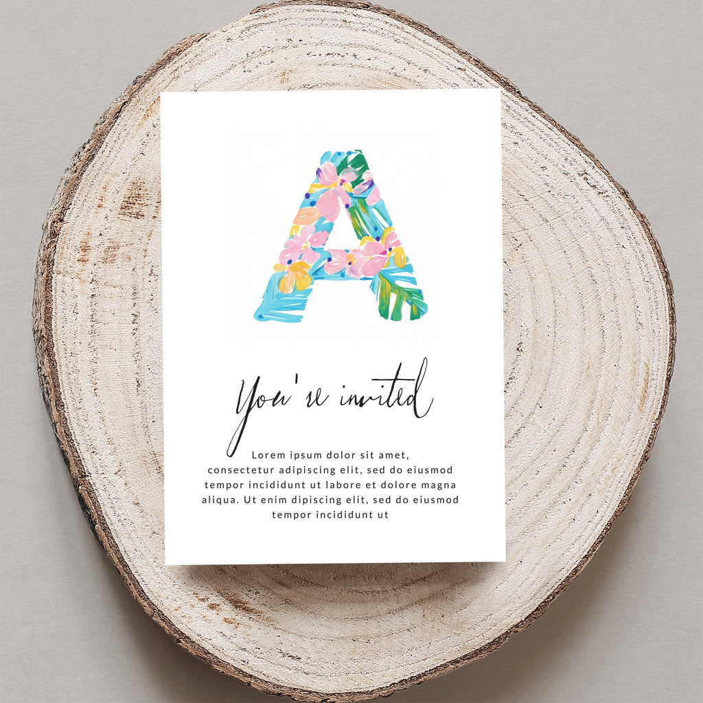 Floral letter A on invitation with "You're invited" text.