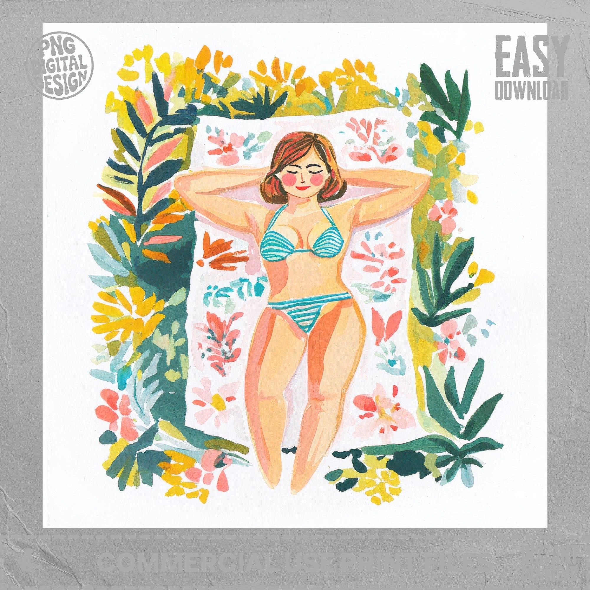 Woman in bikini relaxing on a towel surrounded by flowers.
