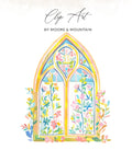 Watercolor clip art of a Gothic window with floral accents.