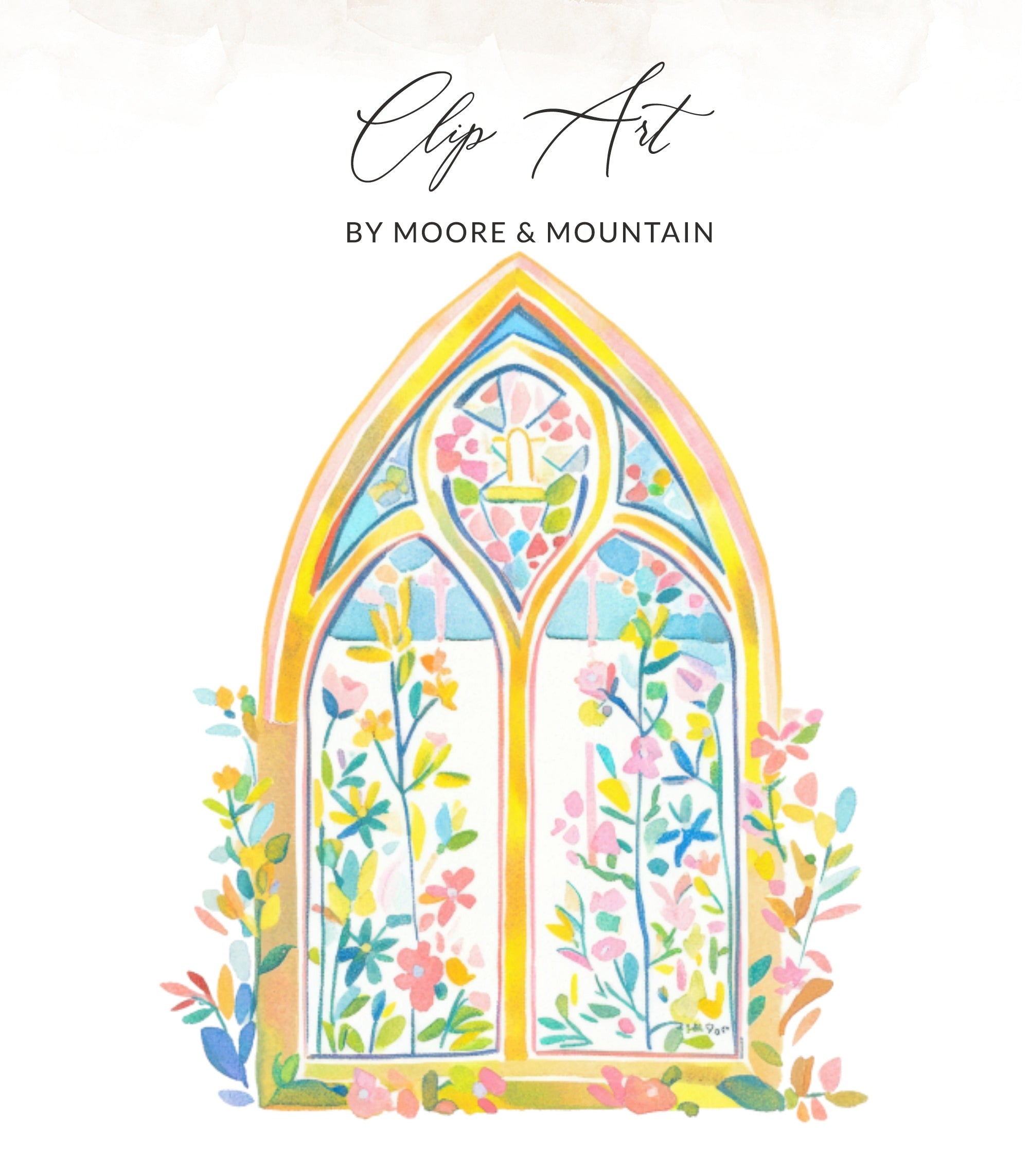 Watercolor clip art of a Gothic window with floral accents.