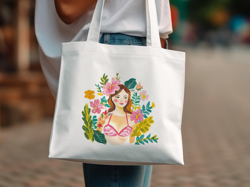 White tote bag with watercolor illustration of a woman and flowers.