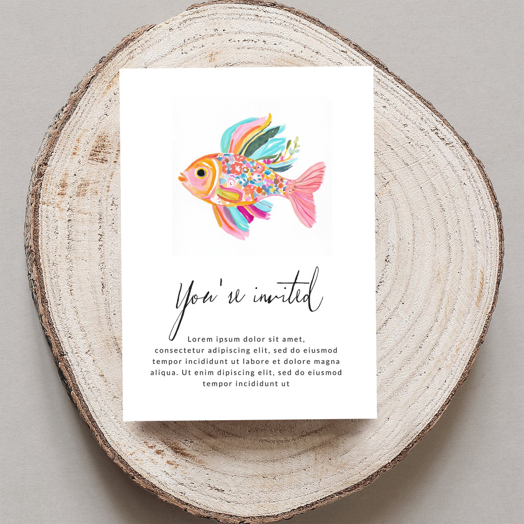 Invitation with colorful fish illustration and "You're invited" text.
