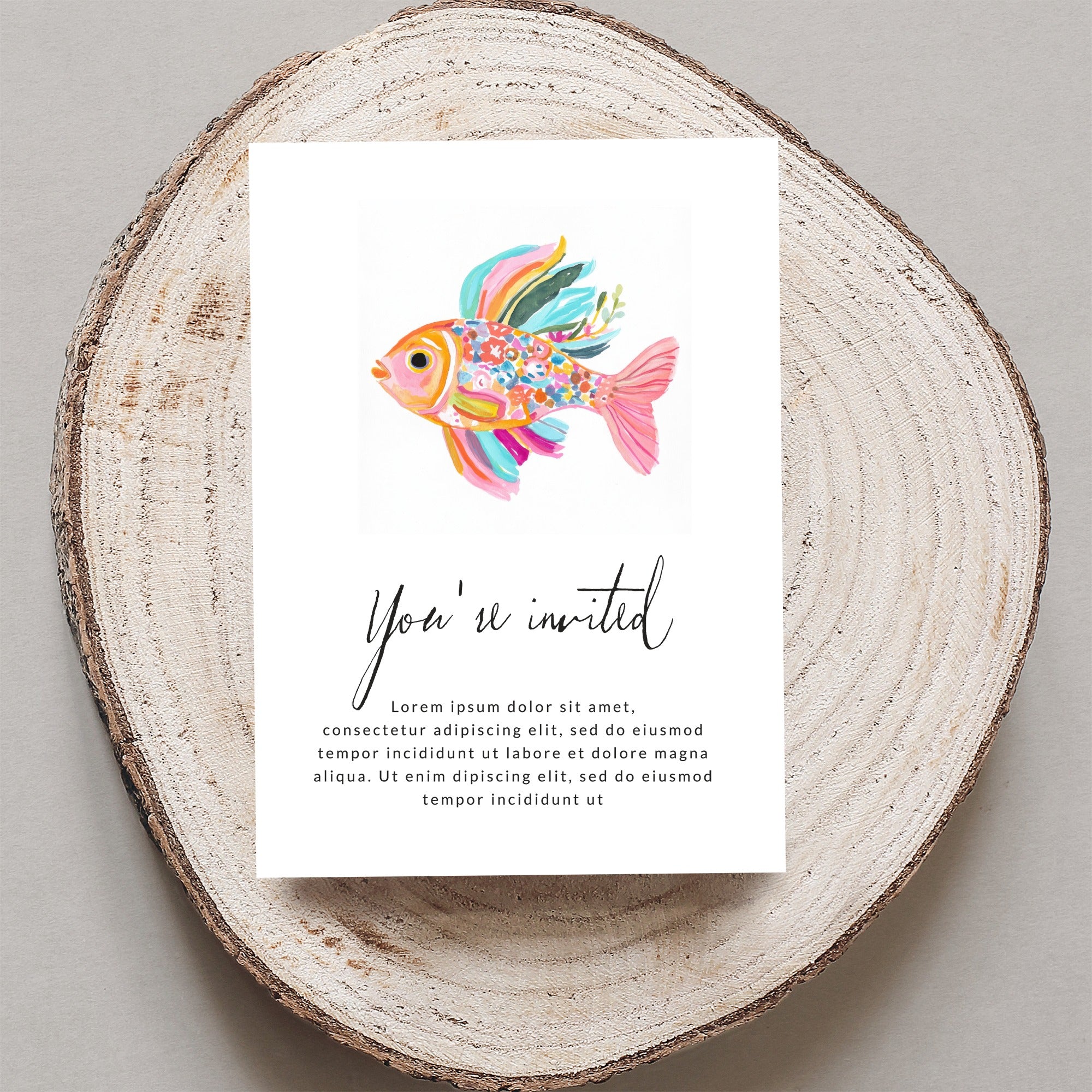 Invitation with colorful fish illustration and "You're invited" text.
