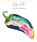 Colorful watercolor jalapeño pepper with text "Clip Art" and "BY MOORE & MOUNTAIN".