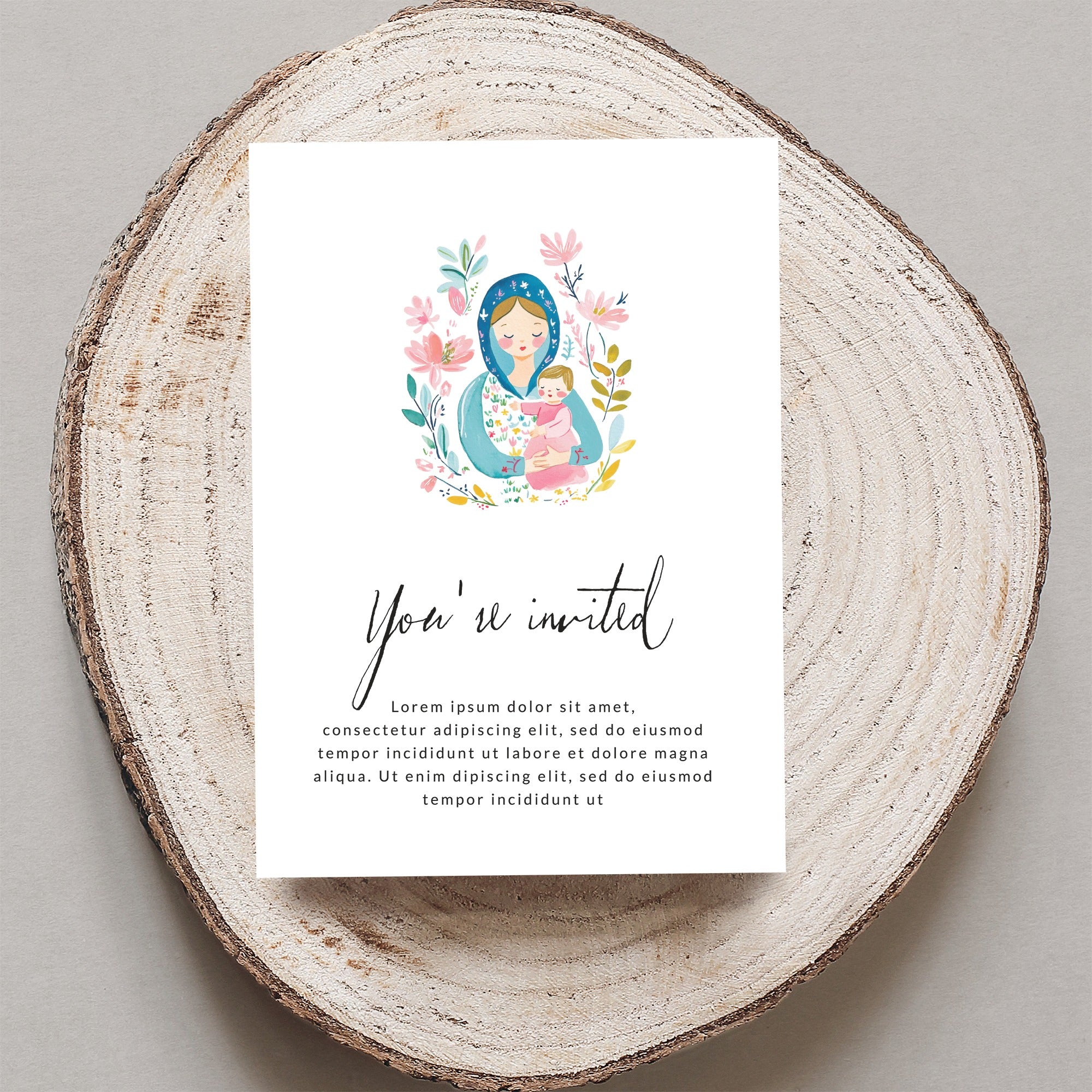 Invitation with folk art style illustration of mother and child.
