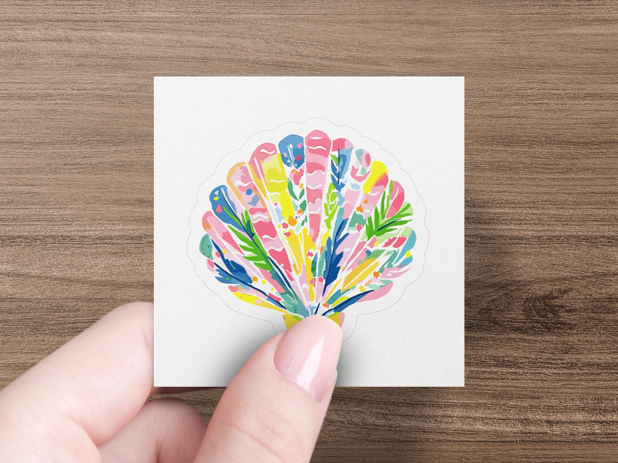 Colorful seashell sticker with vibrant abstract patterns.