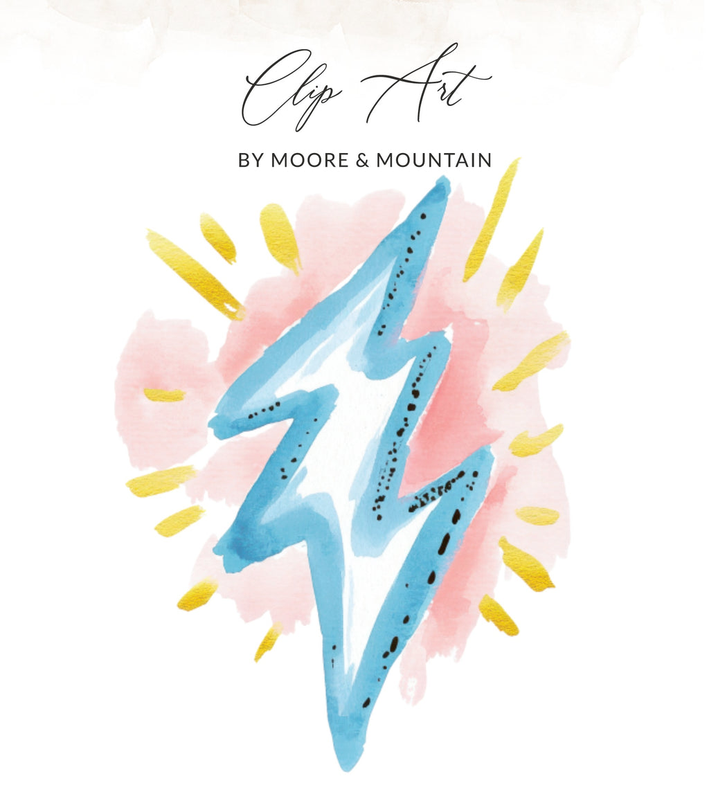 Blue watercolor lightning bolt with gold sunburst and pink watercolor accents.