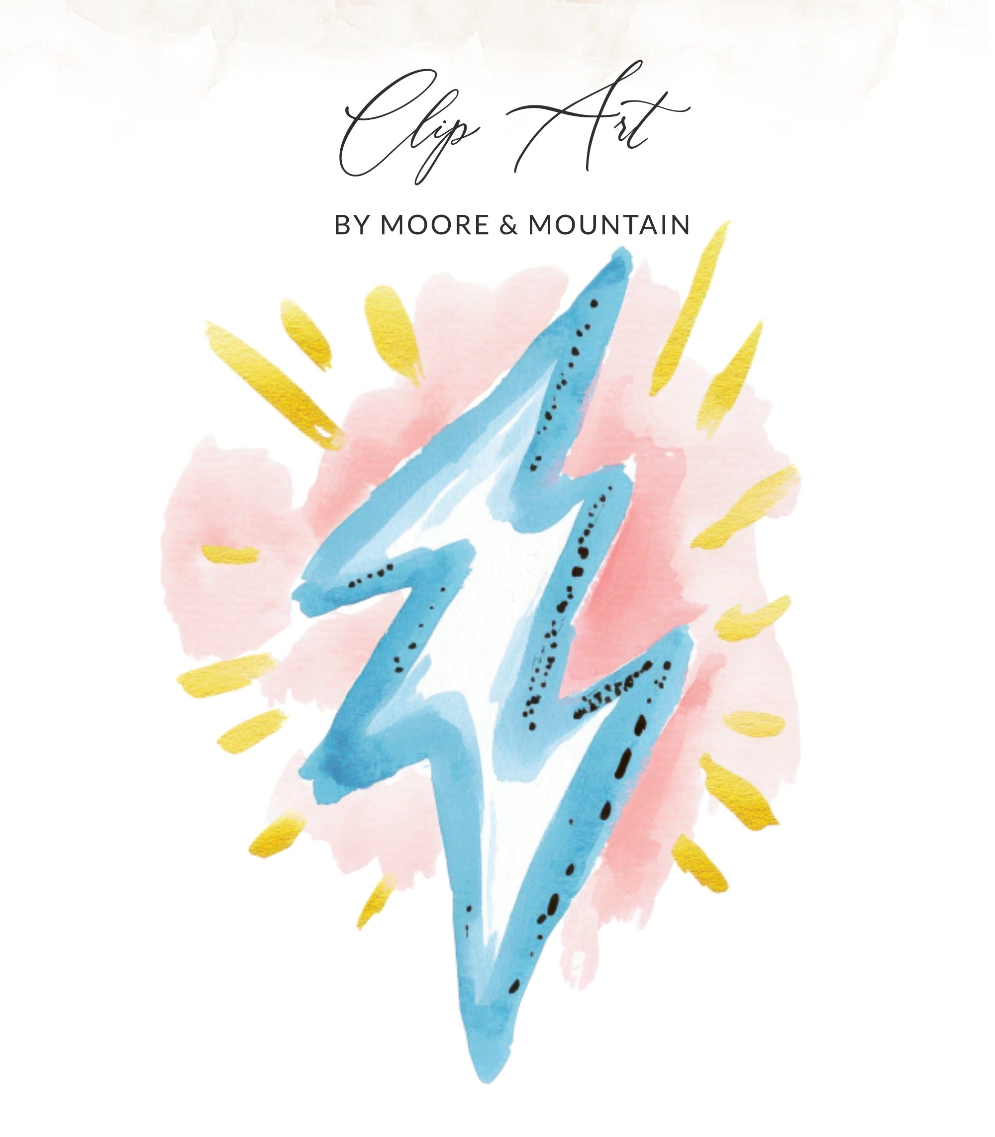 Blue watercolor lightning bolt with gold sunburst and pink watercolor accents.