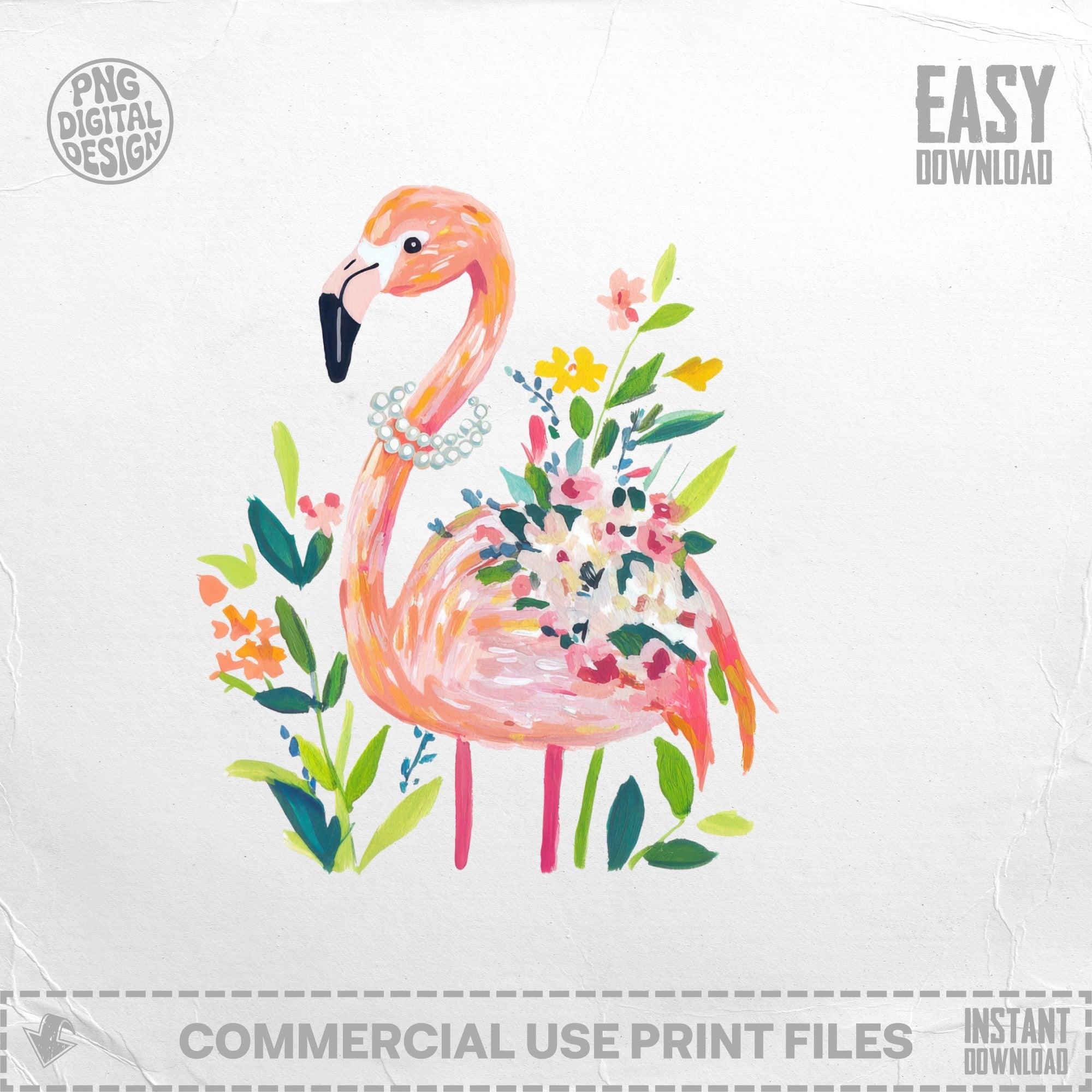 Pink flamingo with pearls and colorful flowers, PNG Digital Design.