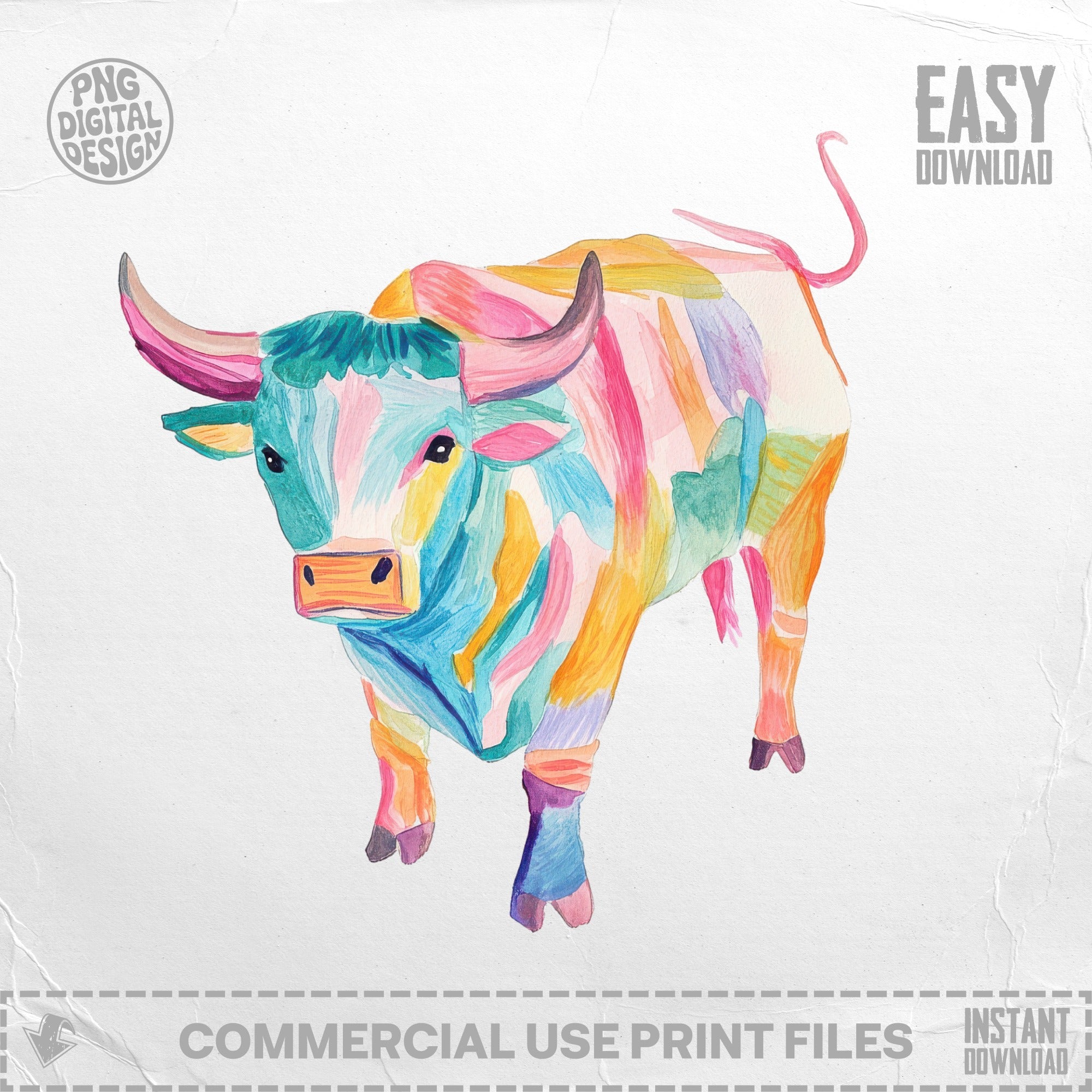 Colorful watercolor bull with text "PNG DIGITAL DESIGN" and "COMMERCIAL USE PRINT FILES".