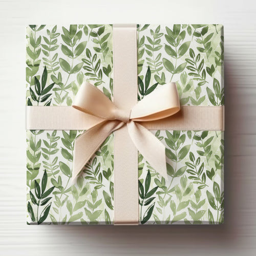 Elegant Green Leaf Print with Peach Ribbon Gift Wrap