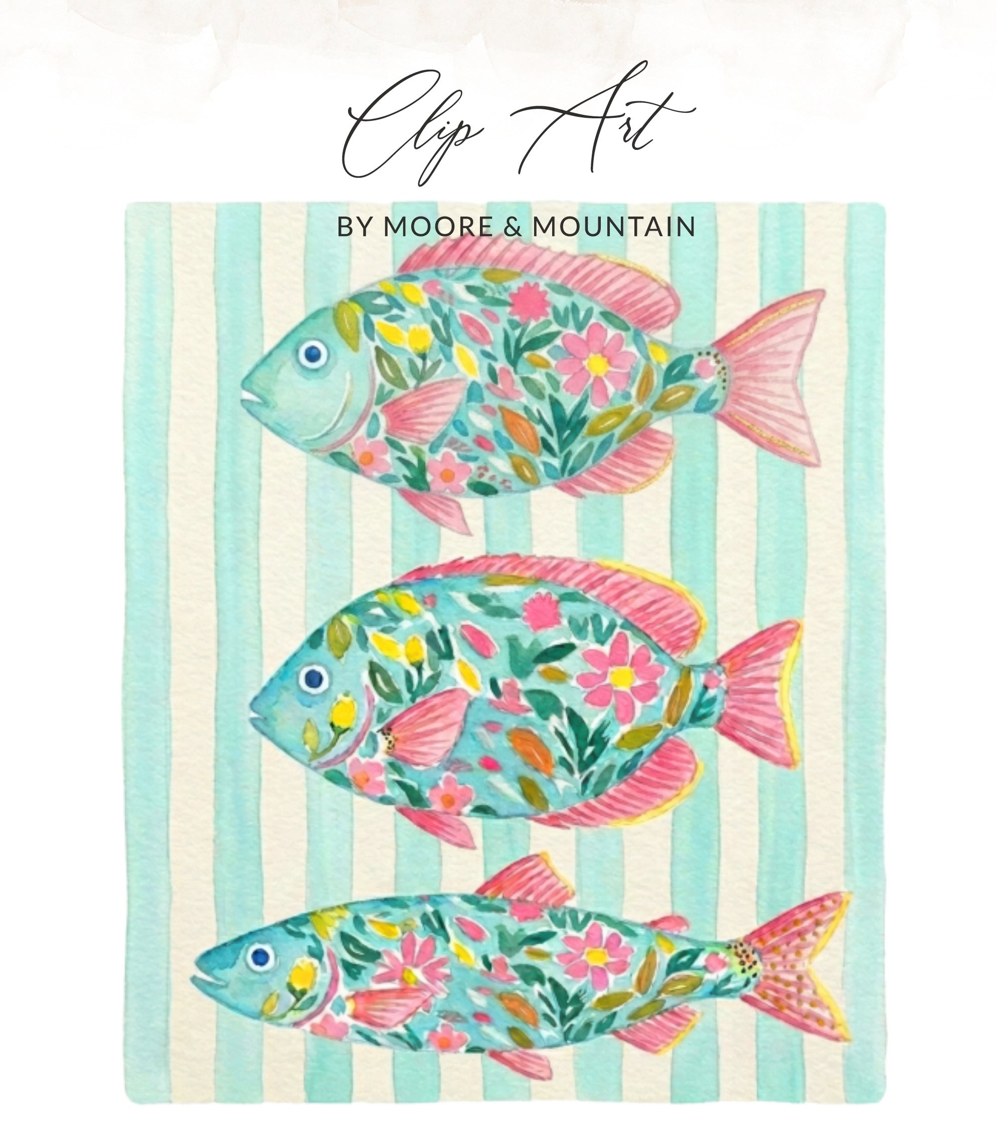 Three watercolor fish with floral patterns against striped background.